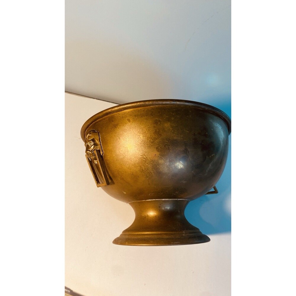 Vintage Brass Jardiniere Planter W/ Lions Head Pulls Pedstal Base - Picture 7 of 13